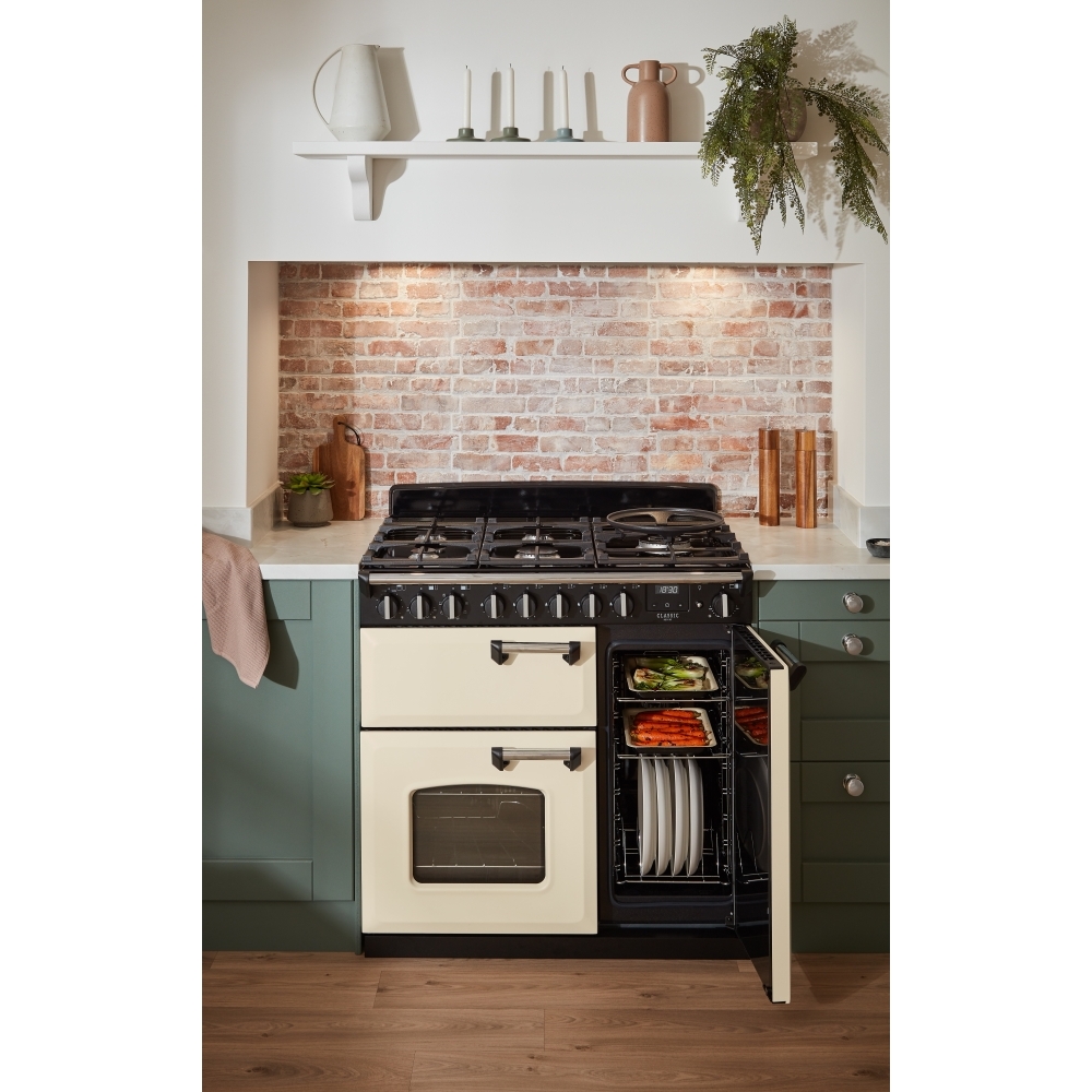 Rangemaster CLDL90DFPPCR/CM1 90cm Dual Fuel Range Cooker Classic Deluxe Pale Cream / Chrome, A Rated
