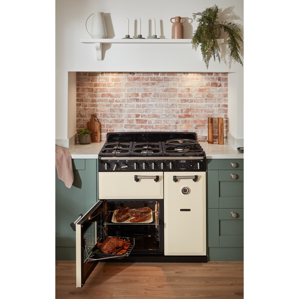 Rangemaster CLDL90DFPPCR/CM1 90cm Dual Fuel Range Cooker Classic Deluxe Pale Cream / Chrome, A Rated