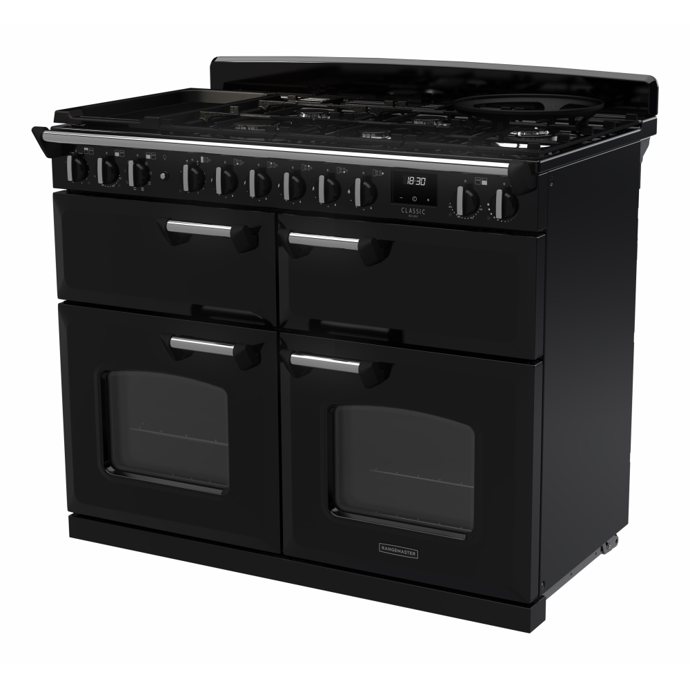 Rangemaster CLDLB110DFPGBL/CM1 110cm Dual Fuel Range Cooker Classic Deluxe Gloss Black / Chrome, A Rated
