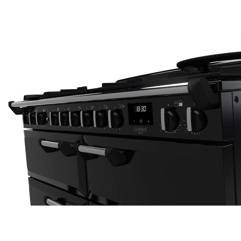 Rangemaster CLDLB110DFPGBL/CM1 110cm Dual Fuel Range Cooker Classic Deluxe Gloss Black / Chrome, A Rated