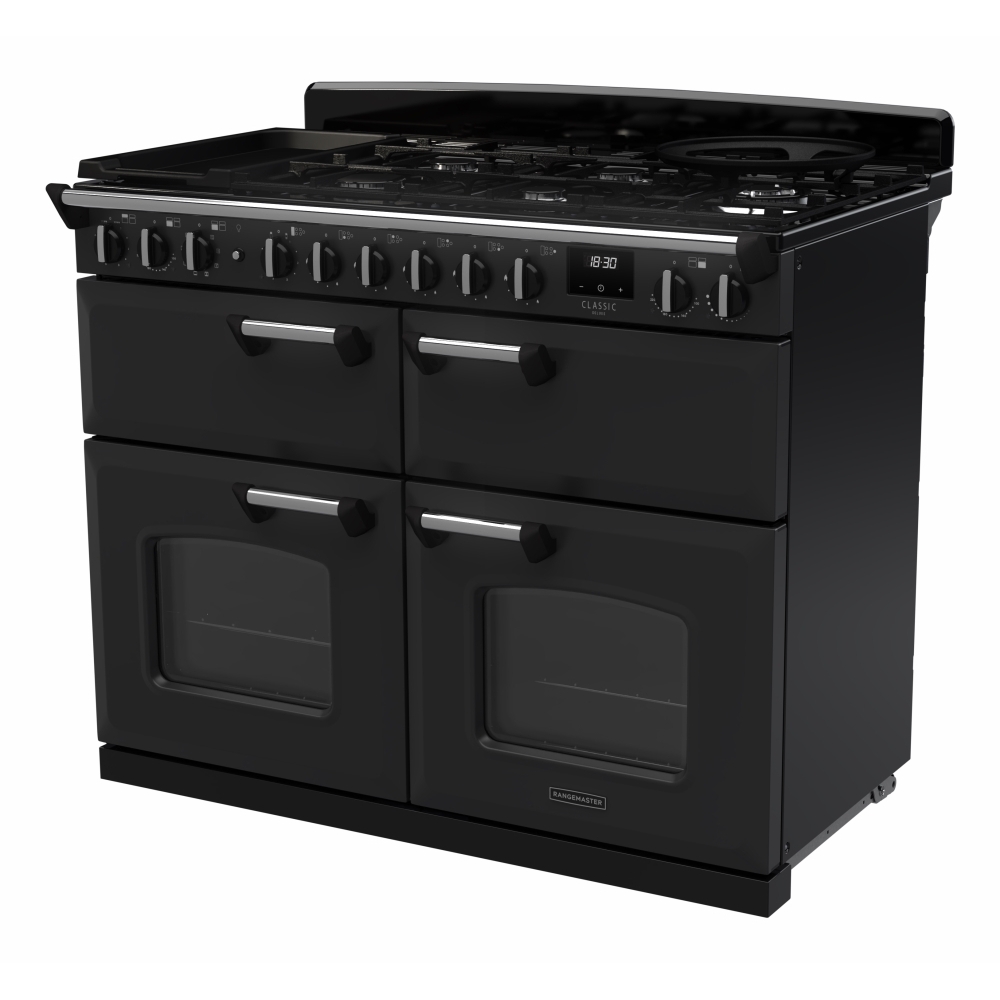 Rangemaster CLDLB110DFPCBL/CM1 110cm Dual Fuel Range Cooker Classic Deluxe Charcoal Black / Chrome, A Rated