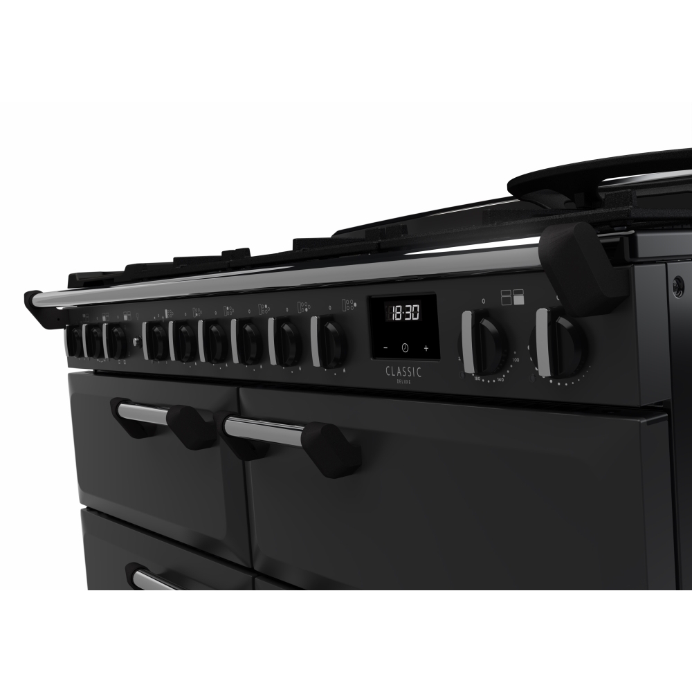 Rangemaster CLDLB110DFPCBL/CM1 110cm Dual Fuel Range Cooker Classic Deluxe Charcoal Black / Chrome, A Rated