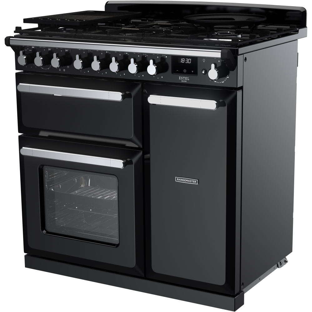 Rangemaster ESDL90DFPGBL/CM1 90cm Dual Fuel Range Cooker Estel Deluxe Black / Chrome, A Rated