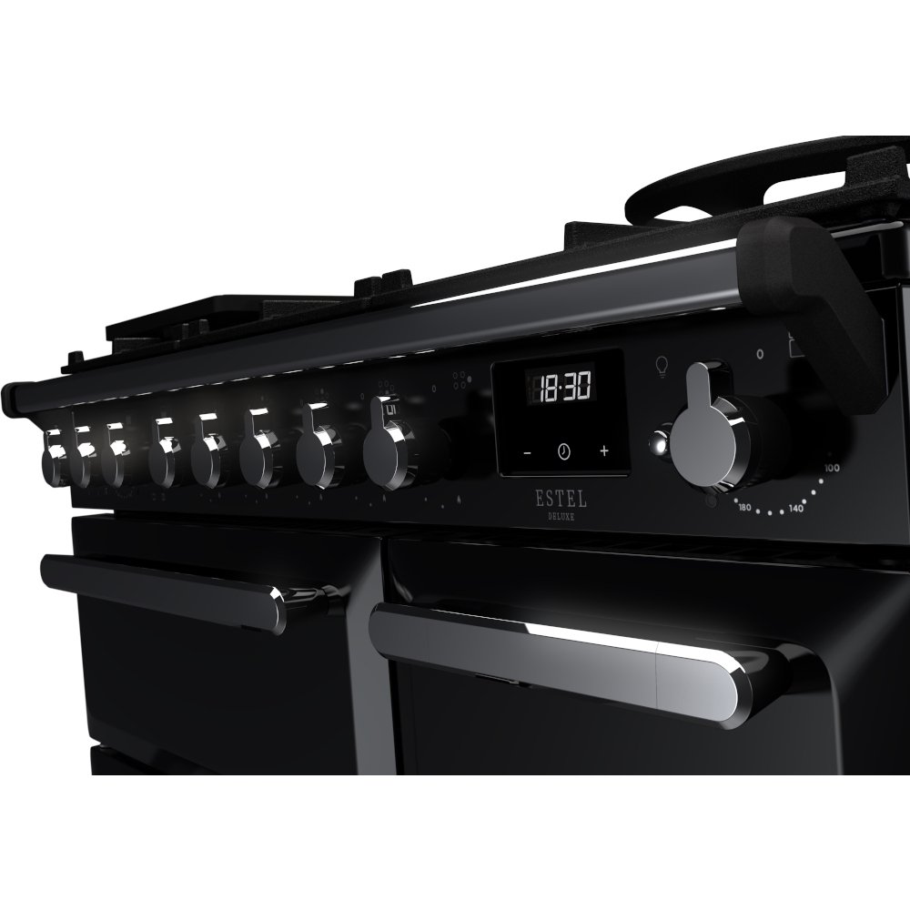 Rangemaster ESDL90DFPGBL/CM1 90cm Dual Fuel Range Cooker Estel Deluxe Black / Chrome, A Rated