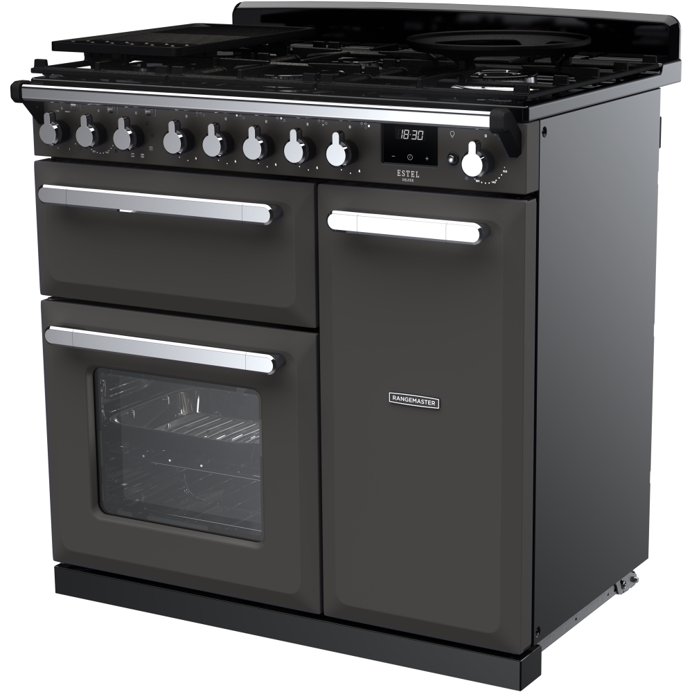 Rangemaster ESDL90DFPSLT/CM1 90cm Dual Fuel Range Cooker Estel Deluxe Slate / Chrome, A Rated