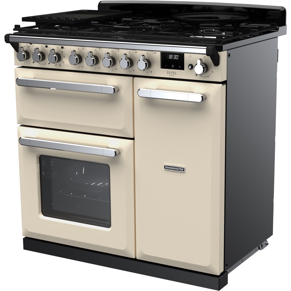 Rangemaster ESDL90DFPPCR/CM1 90cm Dual Fuel Range Cooker Estel Deluxe Pale Cream / Chrome, A Rated