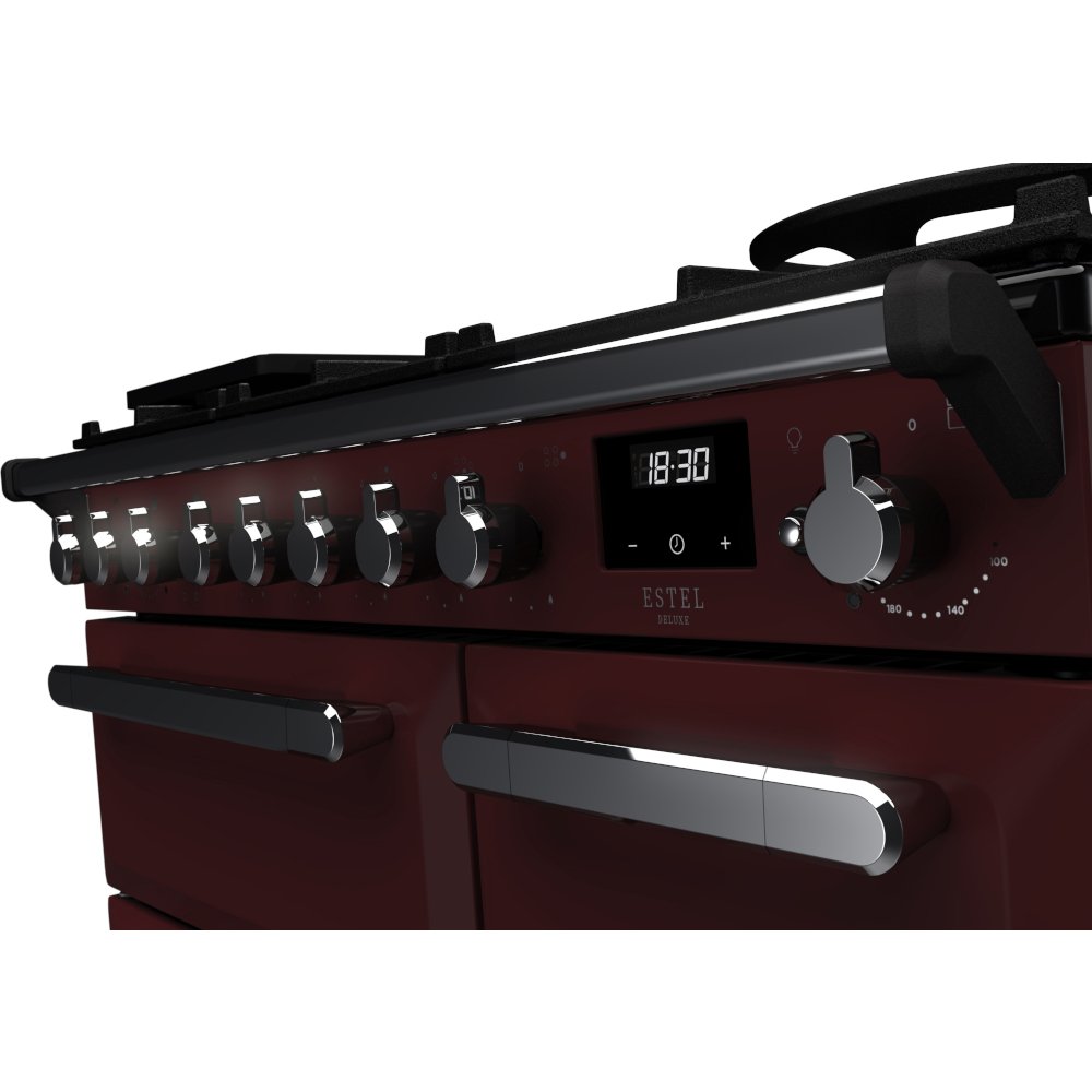 Rangemaster ESDL90DFPBOR/CM1 90cm Dual Fuel Range Cooker Estel Deluxe Bordeaux / Chrome, A Rated