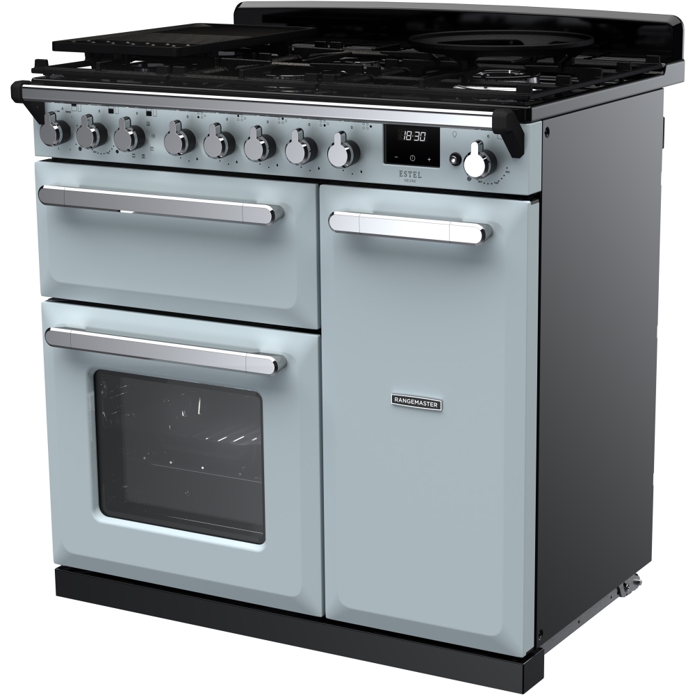 Rangemaster ESDL90DFPMSB/CM1 90cm Dual Fuel Range Cooker Estel Deluxe Misty Blue / Chrome, A Rated
