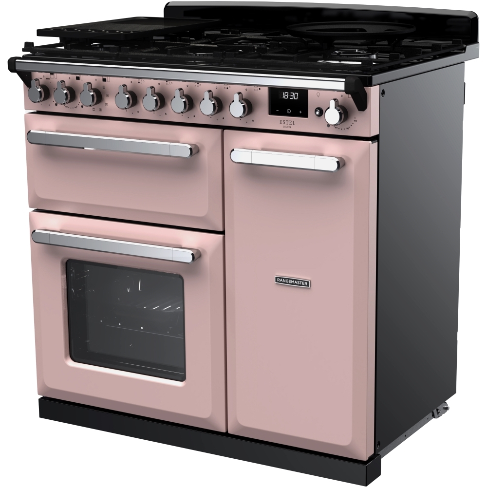 Rangemaster ESDL90DFPPPK/CM1 90cm Dual Fuel Range Cooker Estel Deluxe Pale Pink / Chrome, A Rated
