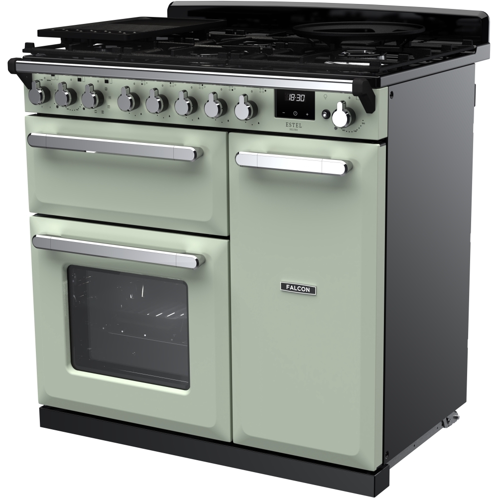 Rangemaster ESDL90DFPMNT/CM1 90cm Dual Fuel Range Cooker Estel Deluxe Mint / Chrome, A Rated