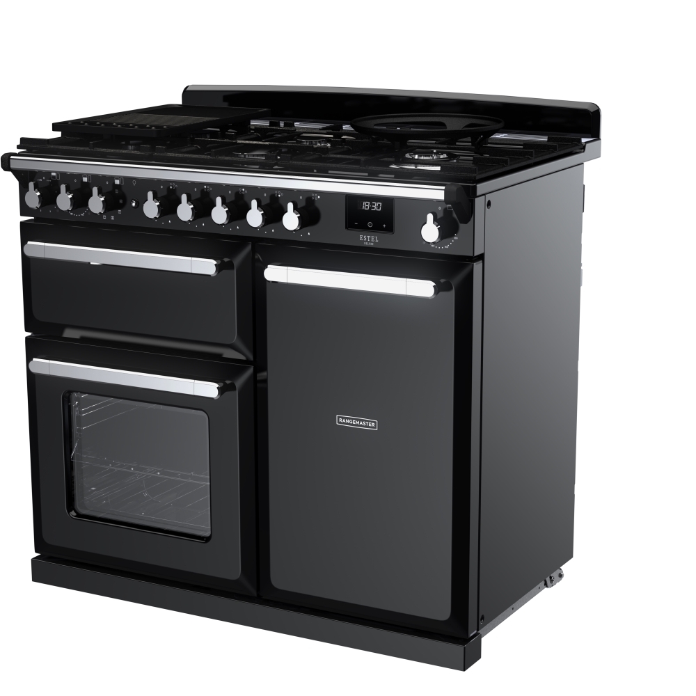Rangemaster ESDL100DFPGBL/CM1 100cm Dual Fuel Range Cooker Estel Deluxe Black / Chrome, A Rated