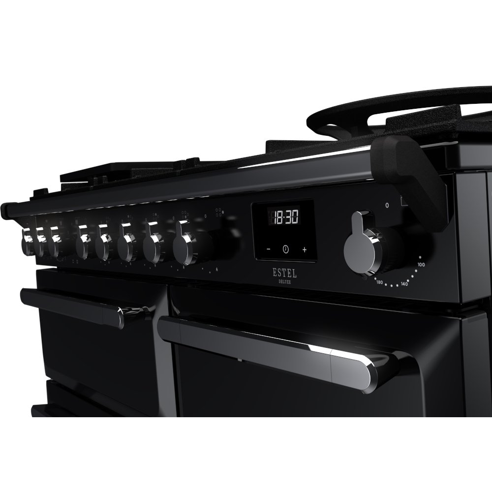 Rangemaster ESDL100DFPGBL/CM1 100cm Dual Fuel Range Cooker Estel Deluxe Black / Chrome, A Rated