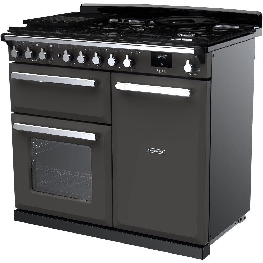 Rangemaster ESDL100DFPSLT/CM1 100cm Dual Fuel Range Cooker Estel Deluxe Slate / Chrome, A Rated