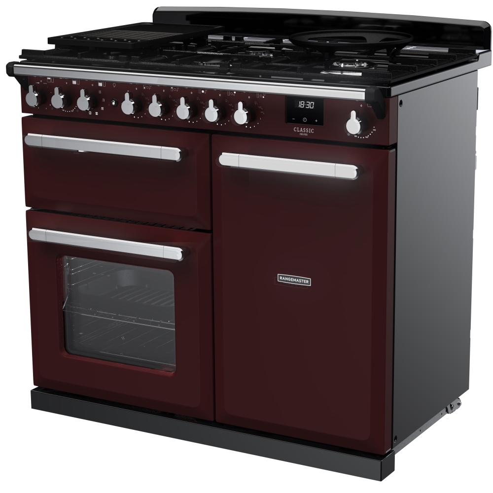 Rangemaster ESDL100DFPBOR/CM1 100cm Dual Fuel Range Cooker Estel Deluxe Bordeaux / Chrome, A Rated