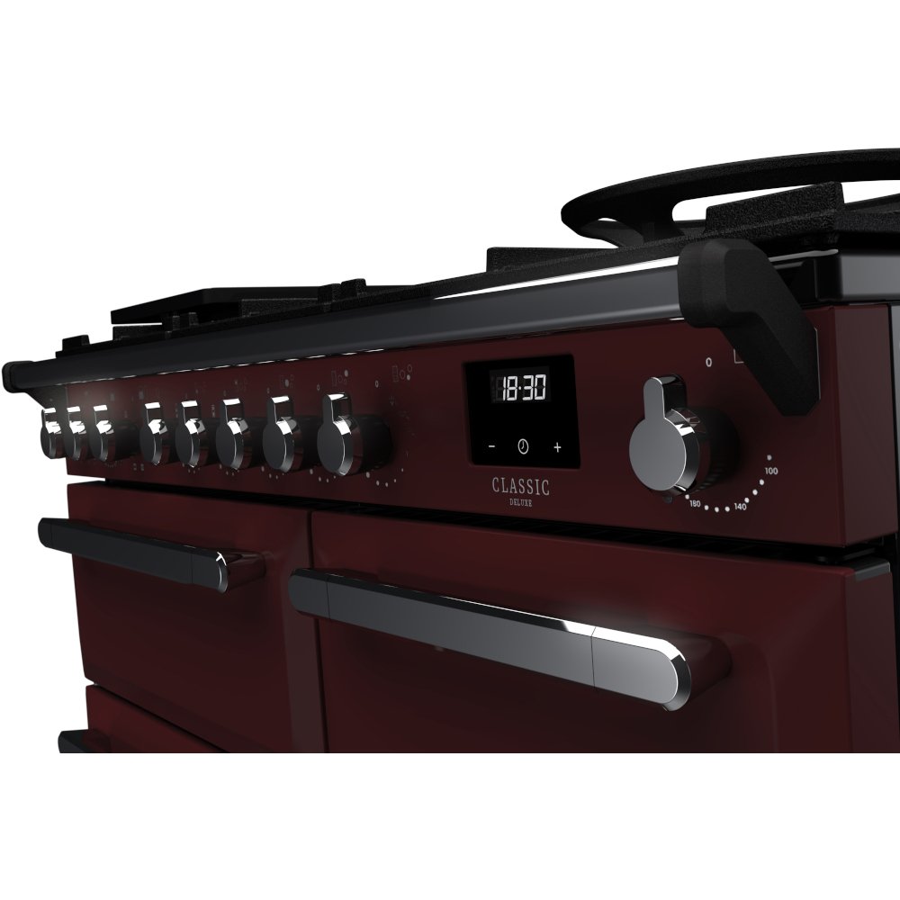 Rangemaster ESDL100DFPBOR/CM1 100cm Dual Fuel Range Cooker Estel Deluxe Bordeaux / Chrome, A Rated