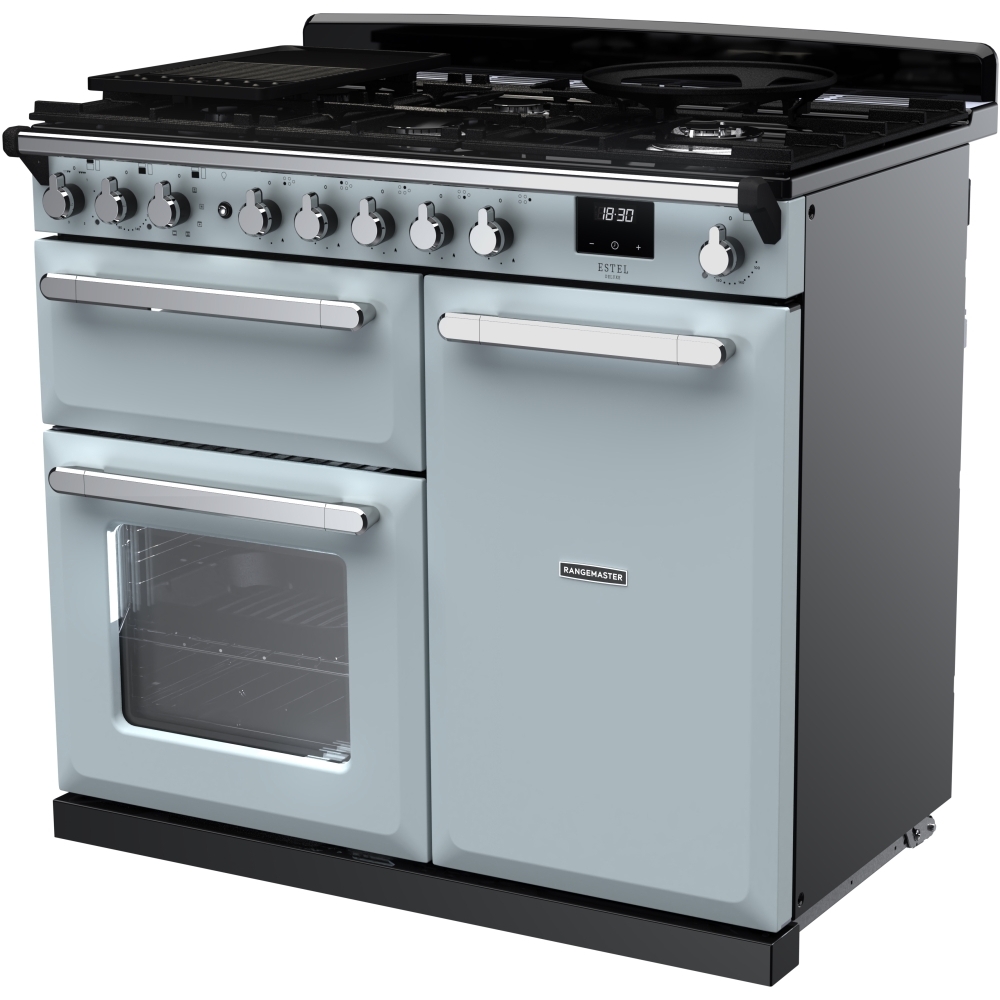 Rangemaster ESDL100DFPMSB/CM1 100cm Dual Fuel Range Cooker Estel Deluxe Misty Blue / Chrome, A Rated