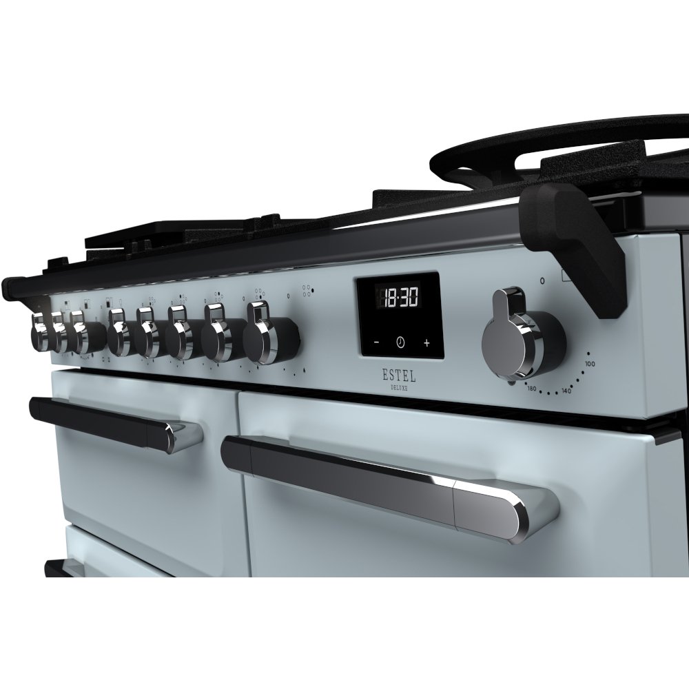 Rangemaster ESDL100DFPMSB/CM1 100cm Dual Fuel Range Cooker Estel Deluxe Misty Blue / Chrome, A Rated