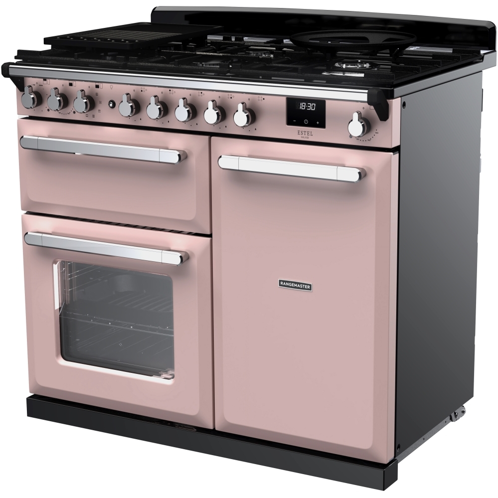 Rangemaster ESDL100DFPPPK/CM1 100cm Dual Fuel Range Cooker Estel Deluxe Pale Pink / Chrome, A Rated