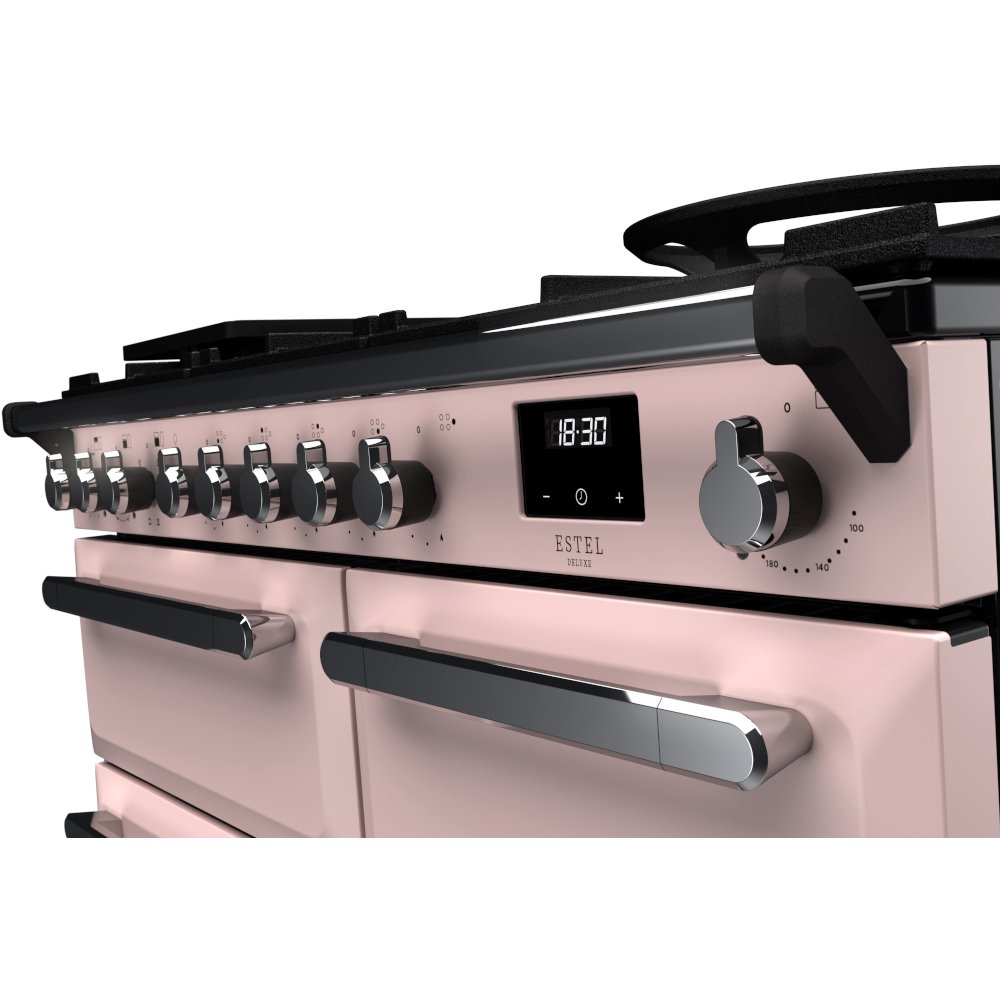 Rangemaster ESDL100DFPPPK/CM1 100cm Dual Fuel Range Cooker Estel Deluxe Pale Pink / Chrome, A Rated