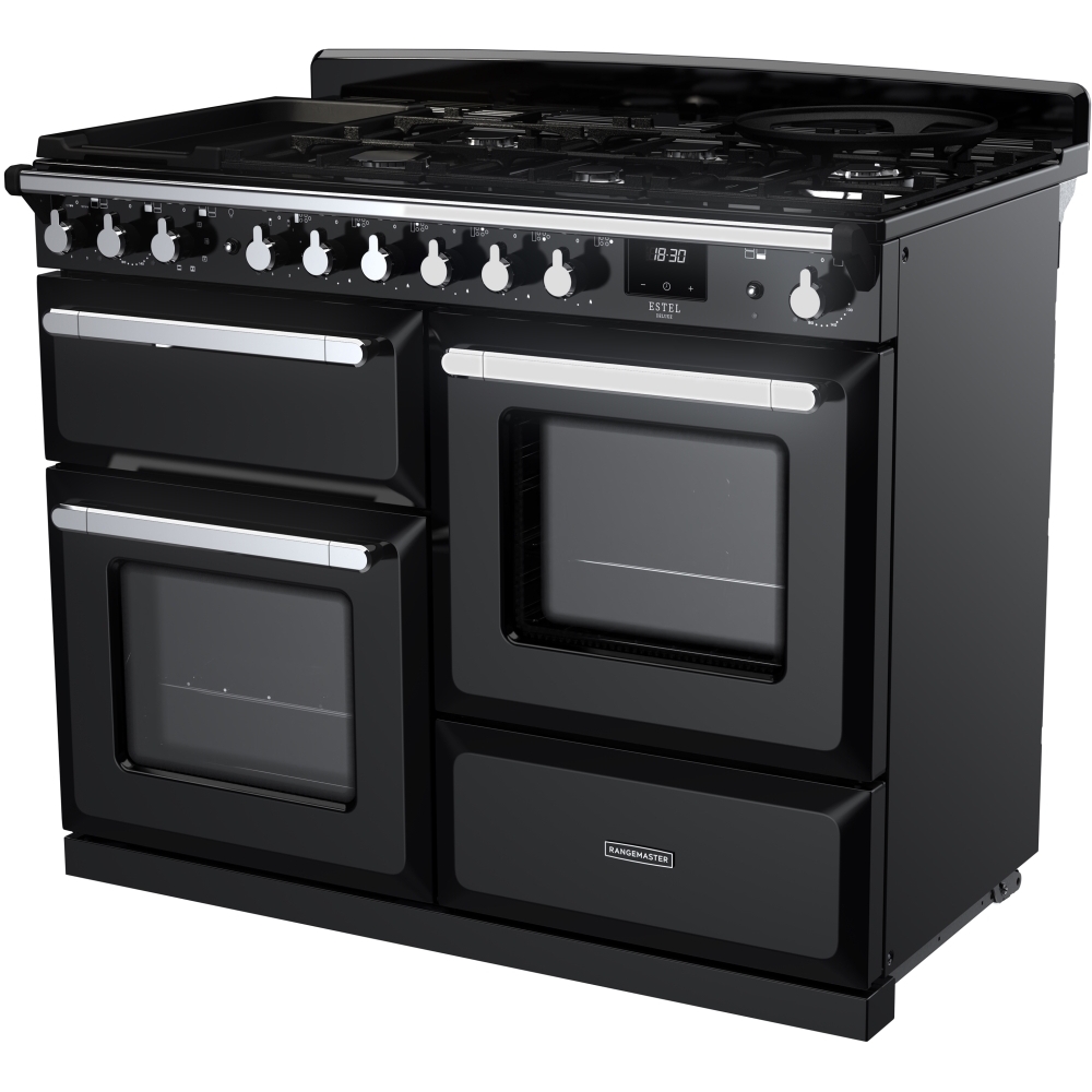 Rangemaster ESDLO110DFPGBL/CM1 110cm Dual Fuel Range Cooker Estel Deluxe Black / Chrome, A Rated