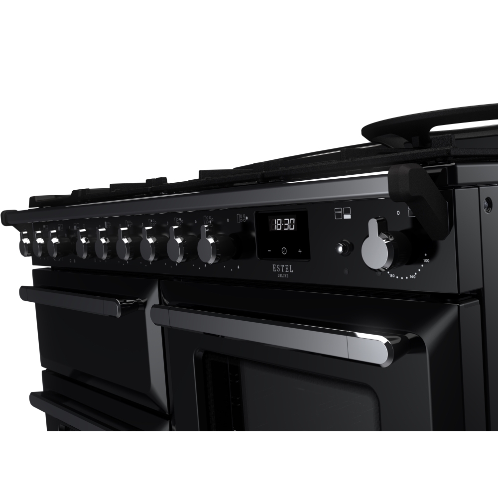 Rangemaster ESDLO110DFPGBL/CM1 110cm Dual Fuel Range Cooker Estel Deluxe Black / Chrome, A Rated