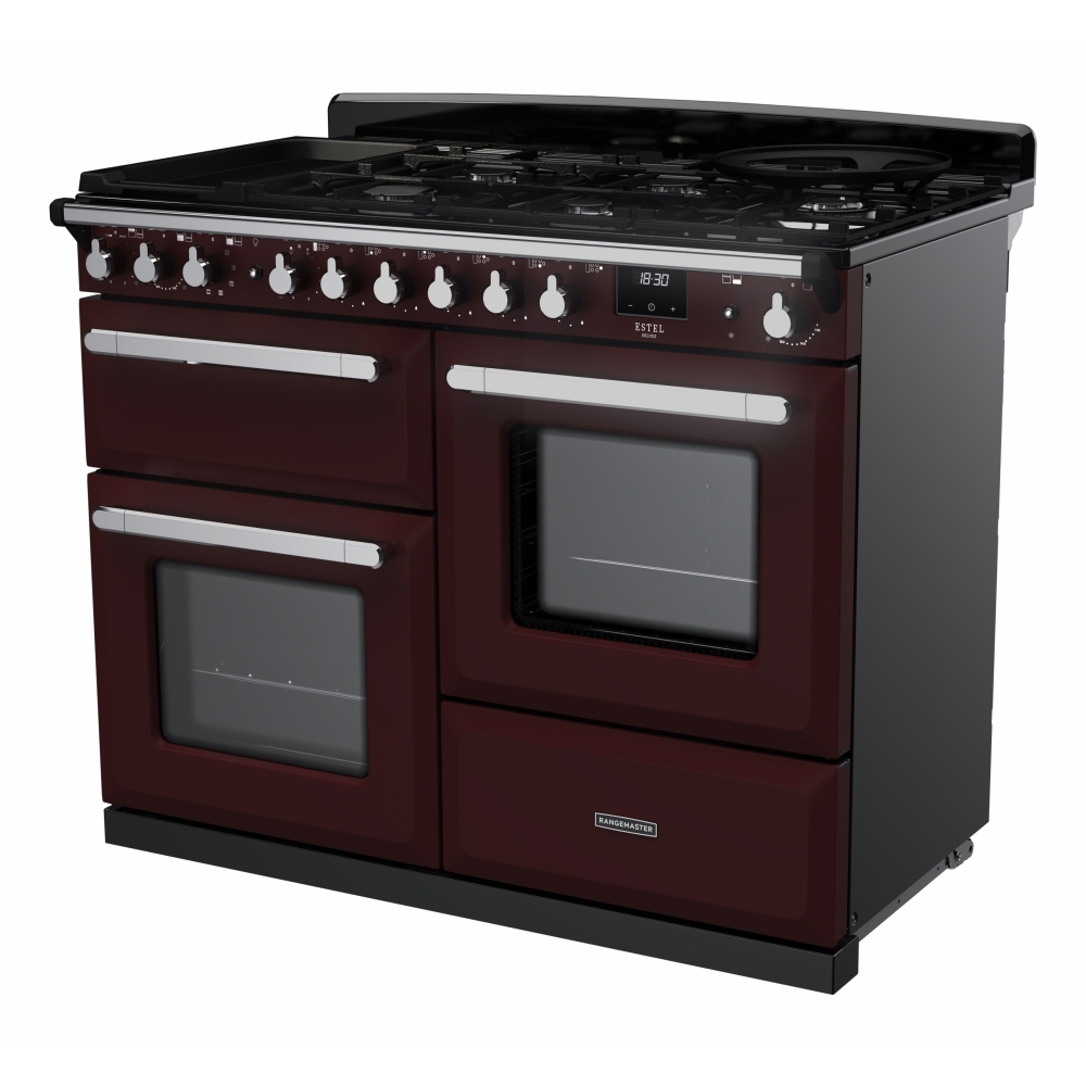 Rangemaster ESDLO110DFPBOR/CM1 110cm Dual Fuel Range Cooker Estel Deluxe Bordeaux / Chrome, A Rated