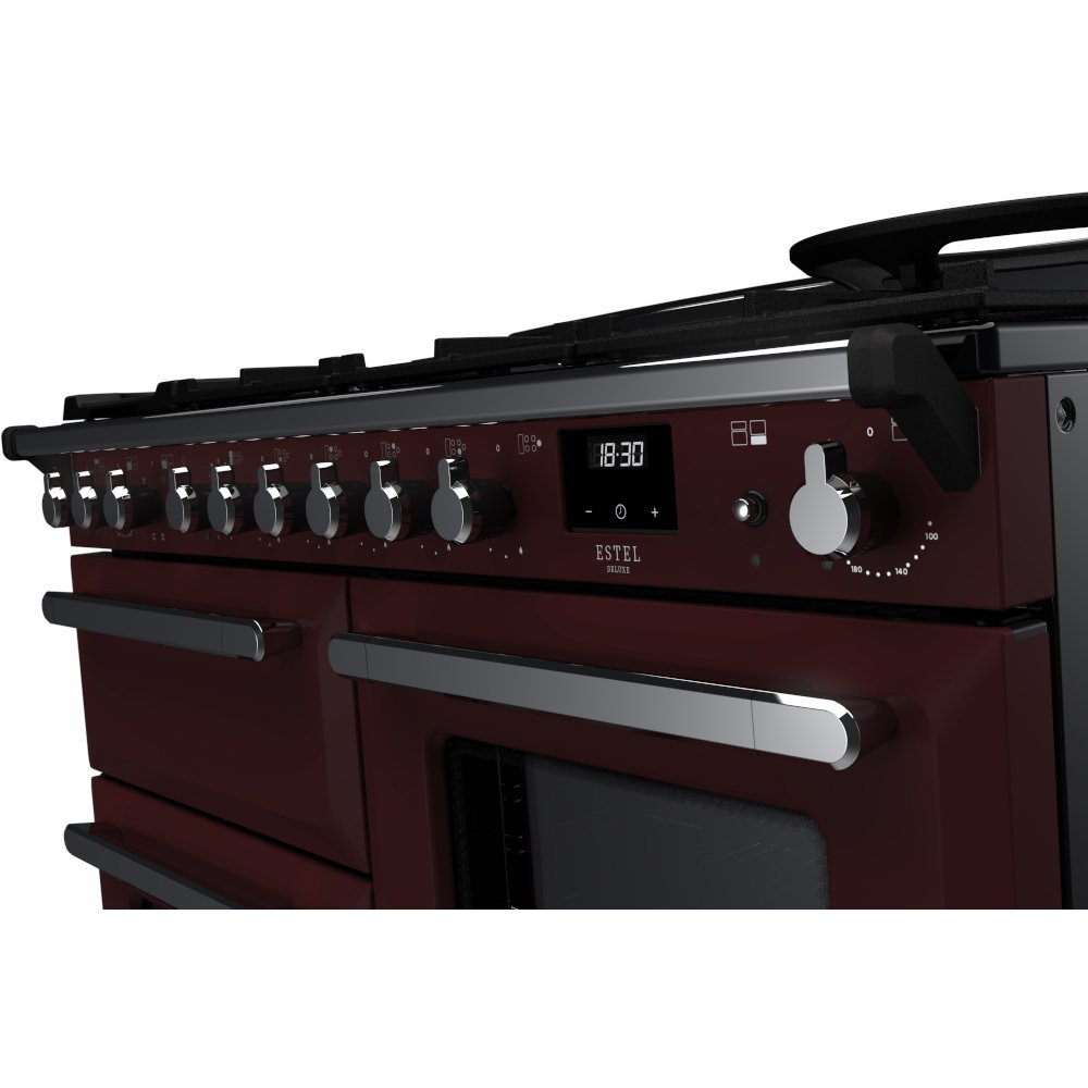 Rangemaster ESDLO110DFPBOR/CM1 110cm Dual Fuel Range Cooker Estel Deluxe Bordeaux / Chrome, A Rated