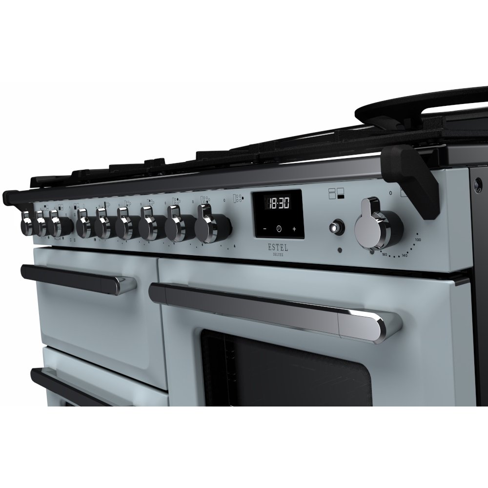 Rangemaster ESDLO110DFPMSB/CM1 110cm Dual Fuel Range Cooker Estel Deluxe Misty Blue / Chrome, A Rated