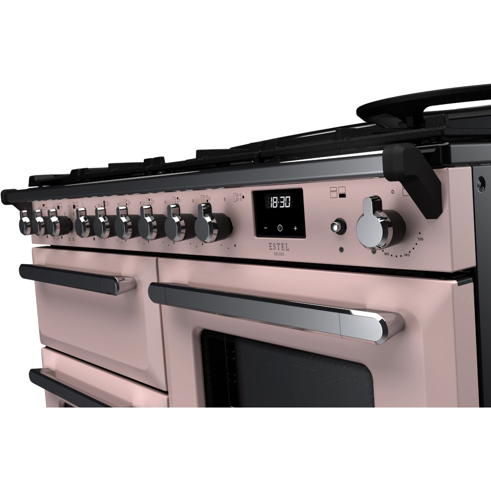Rangemaster ESDLO110DFPPPK/CM1 110cm Dual Fuel Range Cooker Estel Deluxe Pale Pink / Chrome, A Rated