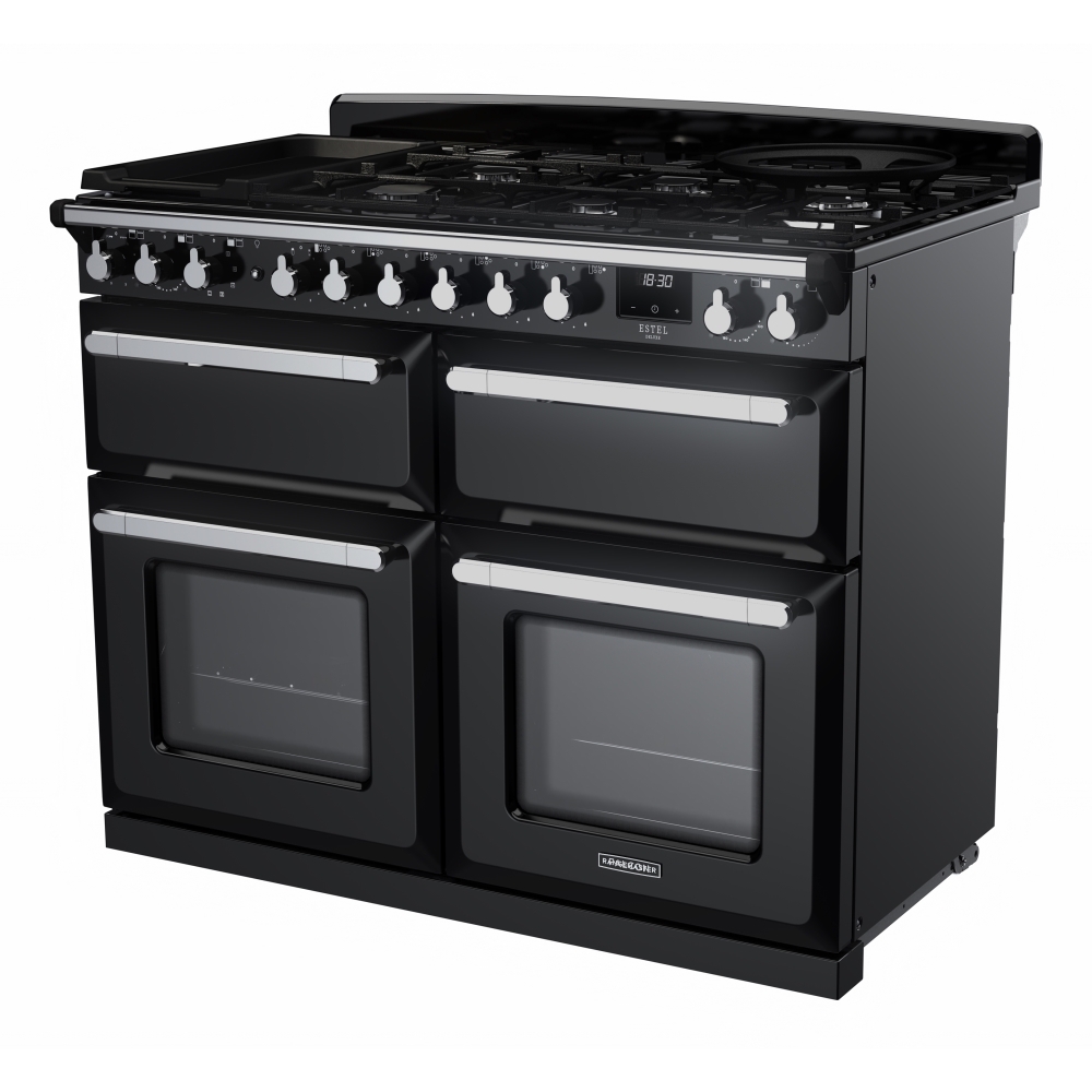 Rangemaster ESDLB110DFPGBL/CM1 110cm Dual Fuel Range Cooker Estel Deluxe Black / Chrome, A Rated