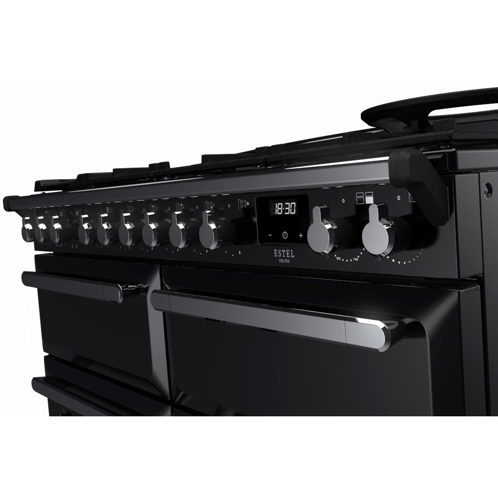 Rangemaster ESDLB110DFPGBL/CM1 110cm Dual Fuel Range Cooker Estel Deluxe Black / Chrome, A Rated