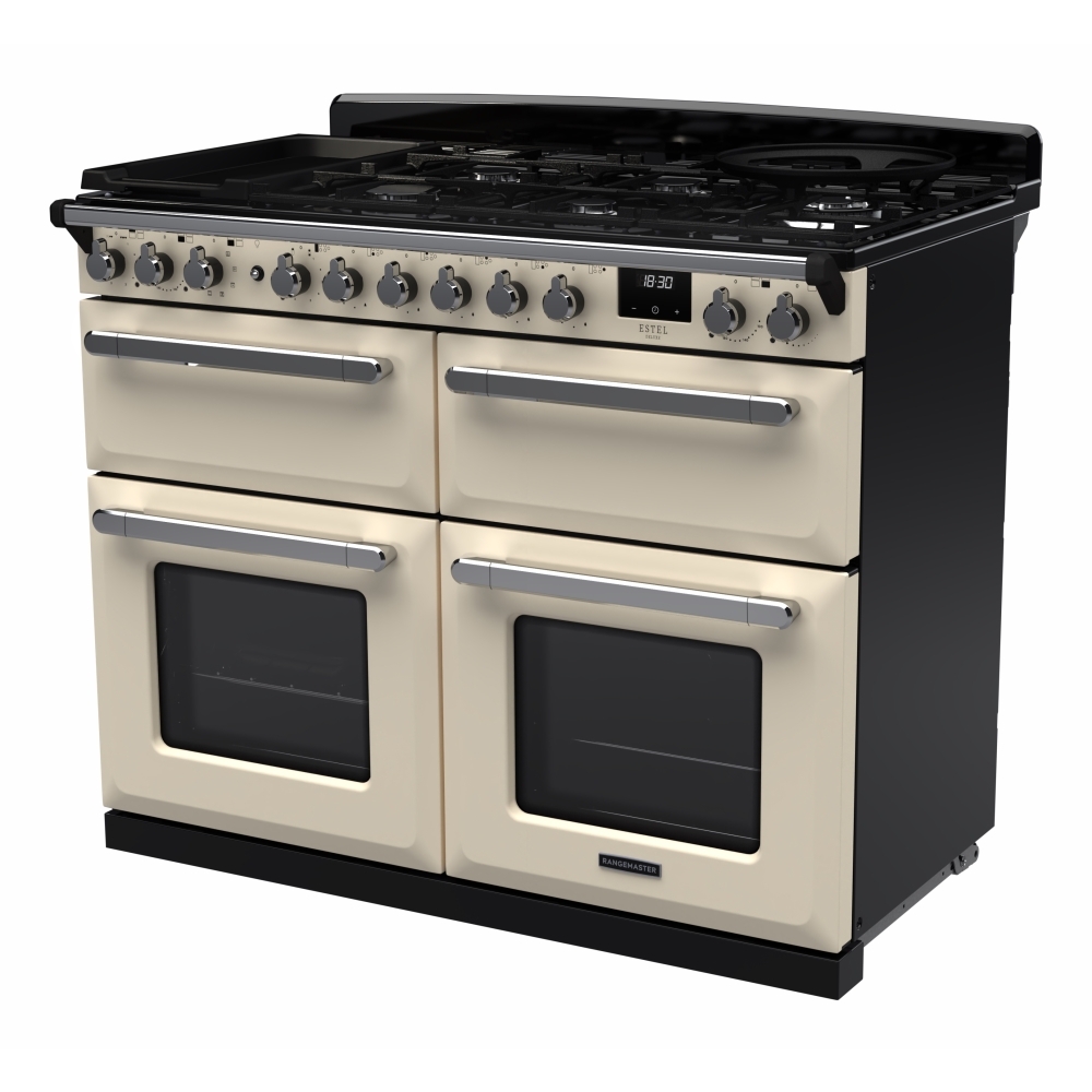 Rangemaster ESDLB110DFPPCR/CM1 110cm Dual Fuel Range Cooker Estel Deluxe Pale Cream / Chrome, A Rated