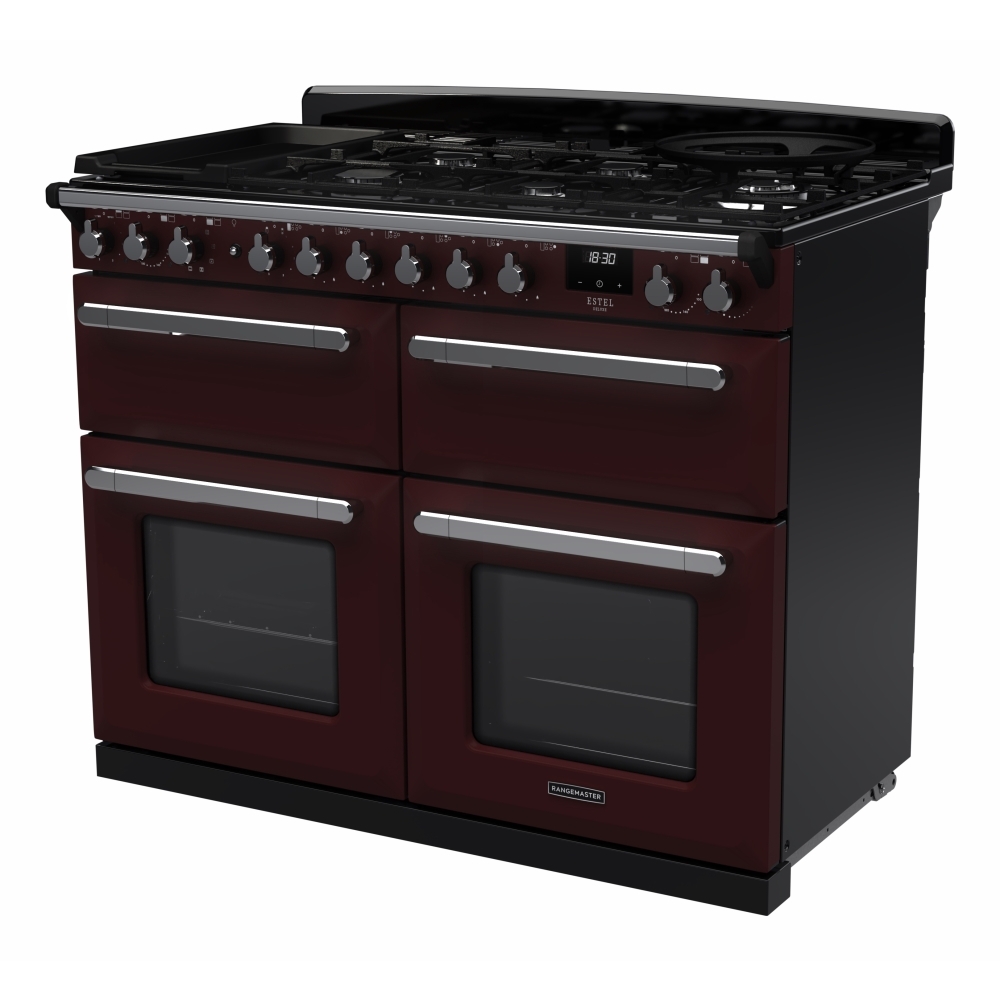 Rangemaster ESDLB110DFPBOR/CM1 110cm Dual Fuel Range Cooker Estel Deluxe Bordeaux / Chrome, A Rated