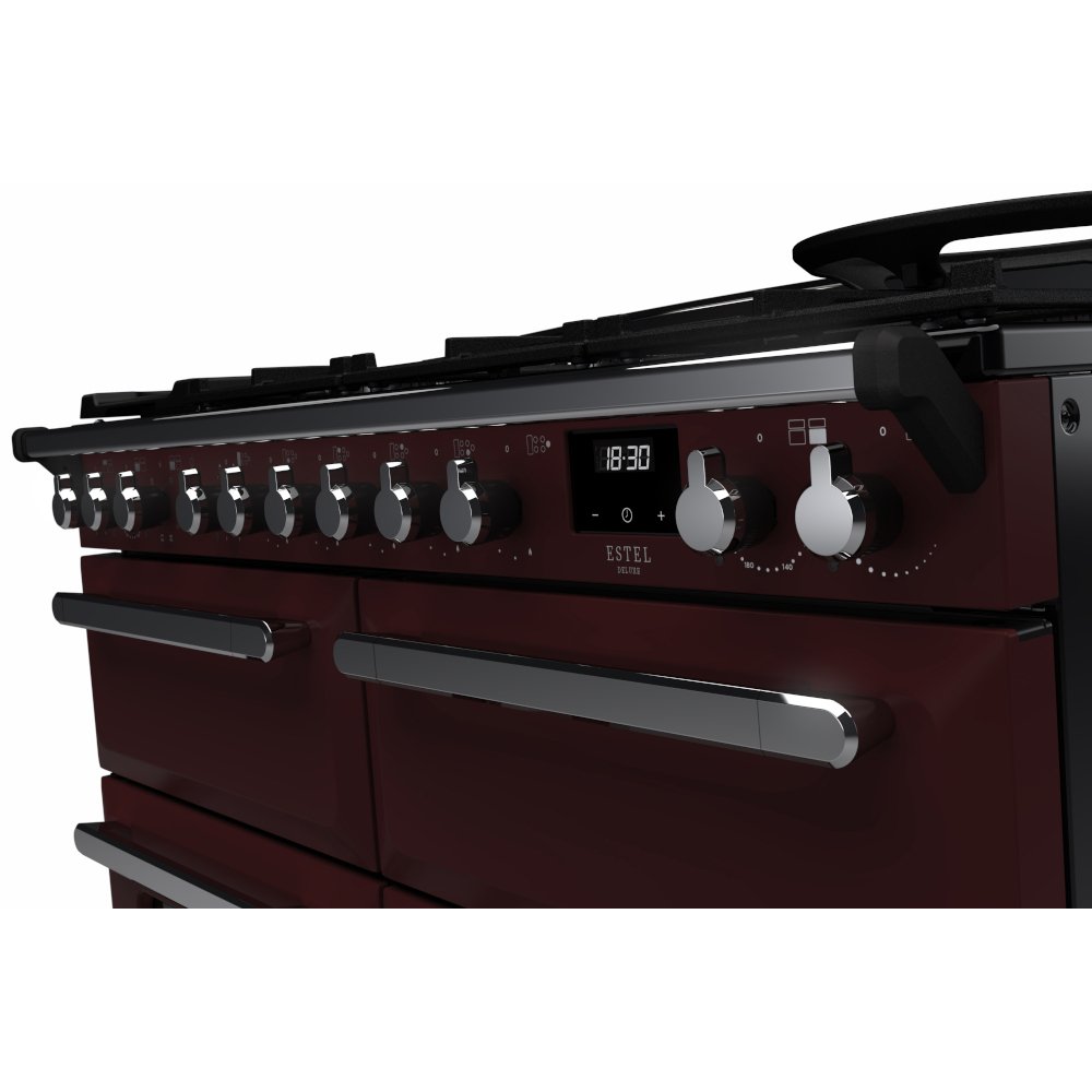 Rangemaster ESDLB110DFPBOR/CM1 110cm Dual Fuel Range Cooker Estel Deluxe Bordeaux / Chrome, A Rated