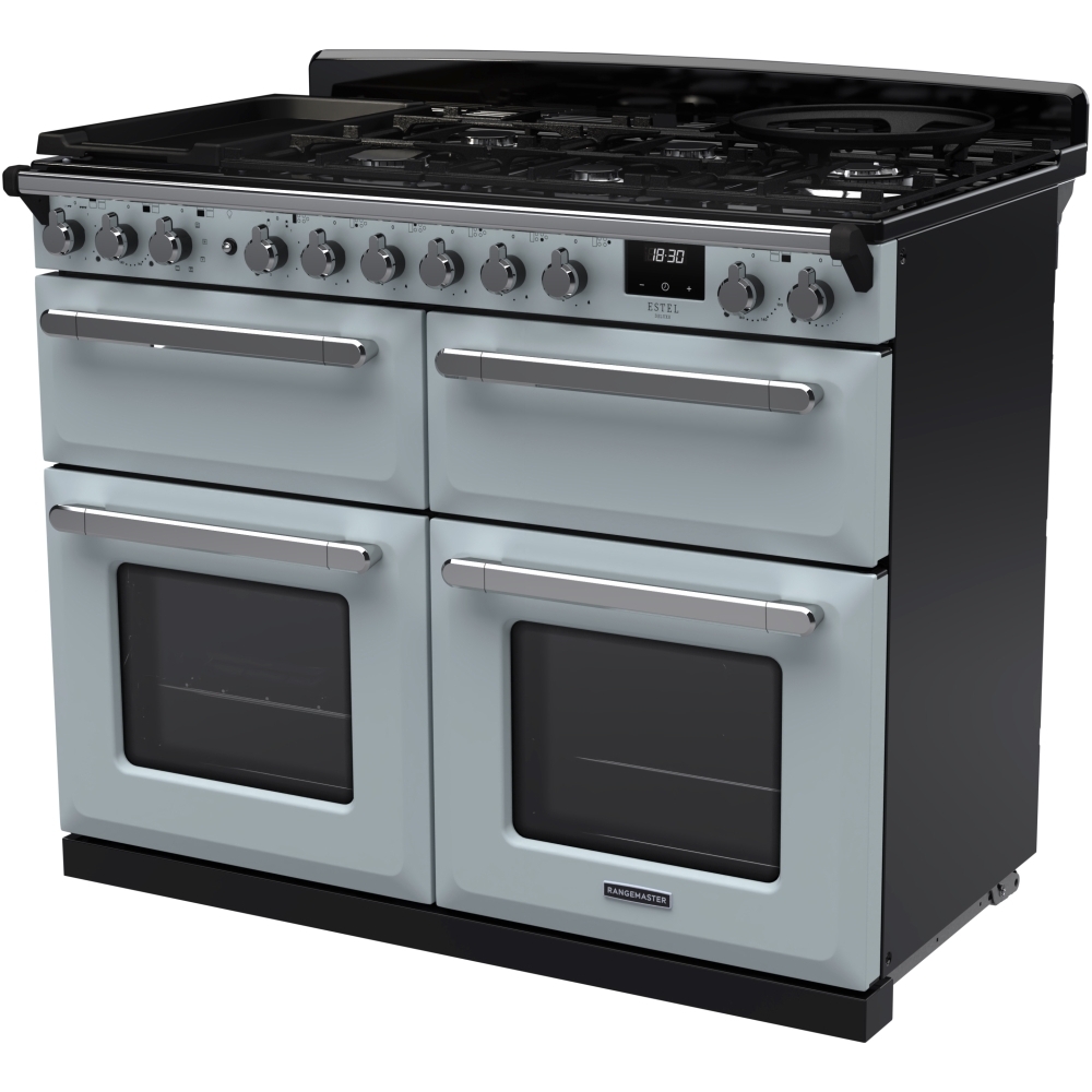 Rangemaster ESDLB110DFPMSB/CM1 110cm Dual Fuel Range Cooker Estel Deluxe Misty Blue / Chrome, A Rated