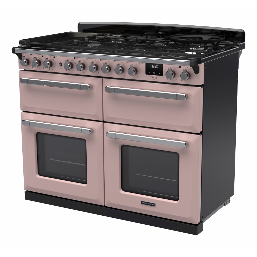 Rangemaster ESDLB110DFPPPK/CM1 110cm Dual Fuel Range Cooker Estel Deluxe Pale Pink / Chrome, A Rated