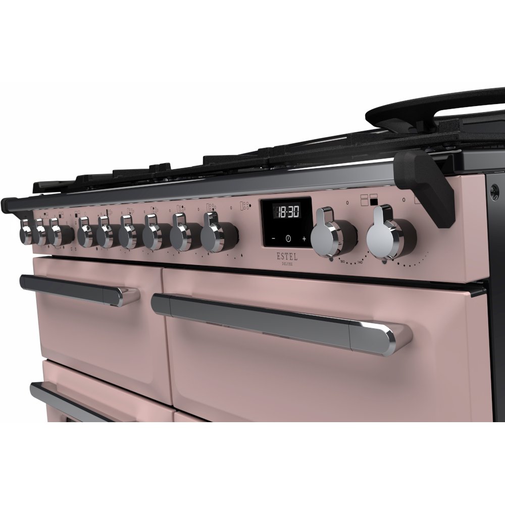 Rangemaster ESDLB110DFPPPK/CM1 110cm Dual Fuel Range Cooker Estel Deluxe Pale Pink / Chrome, A Rated