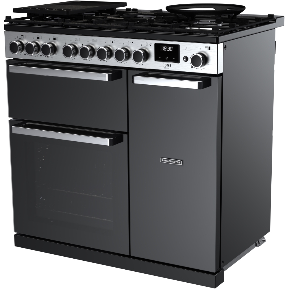 Rangemaster EDDL90DFGBLK/CM1 90cm Dual Fuel Range Cooker Edge Deluxe Black Glass / Chrome, A Rated