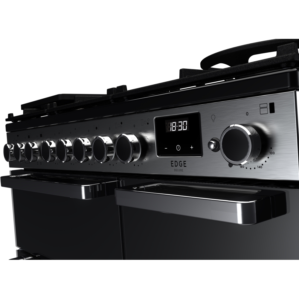 Rangemaster EDDL90DFGBLK/CM1 90cm Dual Fuel Range Cooker Edge Deluxe Black Glass / Chrome, A Rated