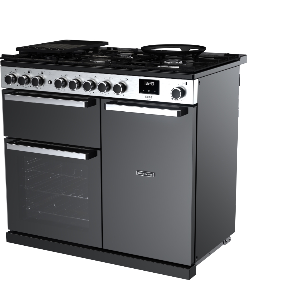Rangemaster EDDL100DFGBLK/CM1 100cm Dual Fuel Range Cooker Edge Deluxe Black Glass / Chrome, A Rated