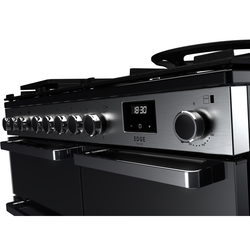 Rangemaster EDDL100DFGBLK/CM1 100cm Dual Fuel Range Cooker Edge Deluxe Black Glass / Chrome, A Rated