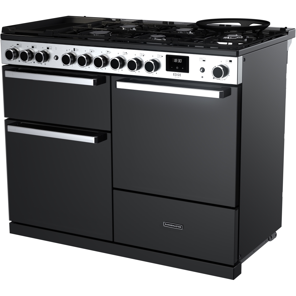 Rangemaster EDDLO110DFGBLK/CM1 110cm Dual Fuel Range Cooker Edge Deluxe Black Glass / Chrome, A Rated