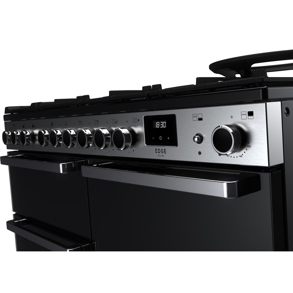 Rangemaster EDDLO110DFGBLK/CM1 110cm Dual Fuel Range Cooker Edge Deluxe Black Glass / Chrome, A Rated