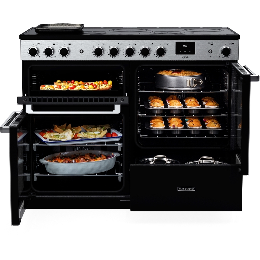 Rangemaster EDDLO110DFGBLK/CM1 110cm Dual Fuel Range Cooker Edge Deluxe Black Glass / Chrome, A Rated