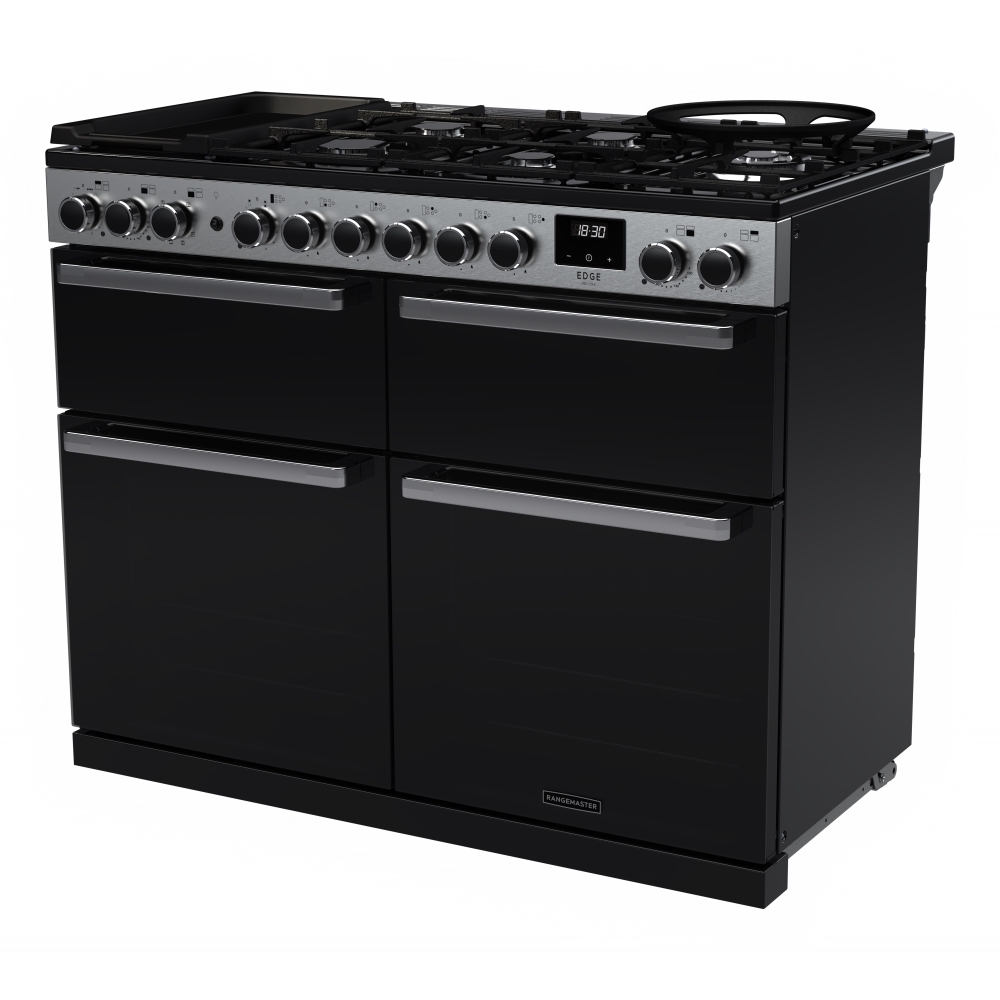 Rangemaster EDDLB110DFGBLK/CM1 110cm Dual Fuel Range Cooker Edge Deluxe Black Glass / Chrome, A Rated