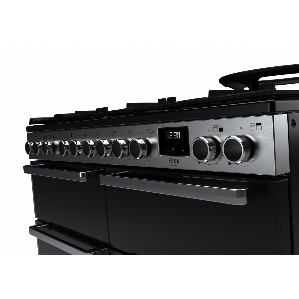 Rangemaster EDDLB110DFGBLK/CM1 110cm Dual Fuel Range Cooker Edge Deluxe Black Glass / Chrome, A Rated