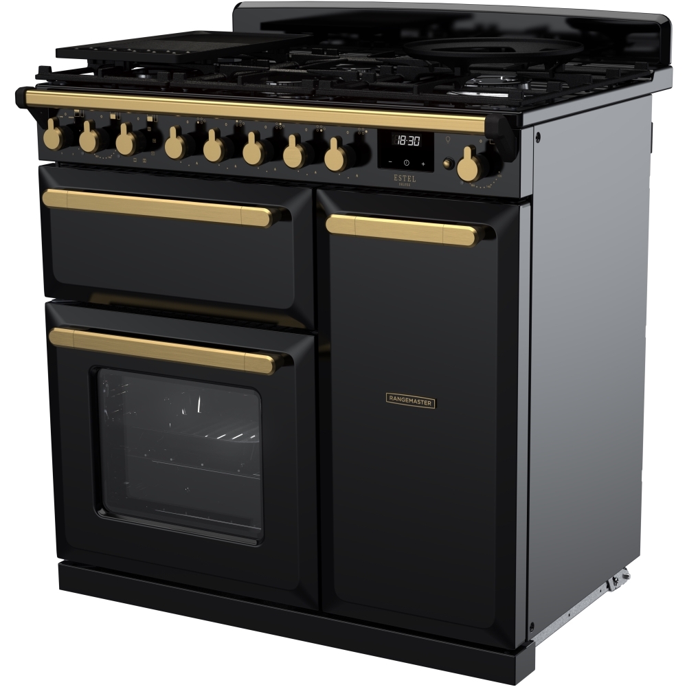 Rangemaster ESDL90DFPGBL/AB1 90cm Dual Fuel Range Cooker Estel Deluxe Black / Antique Brass, A Rated