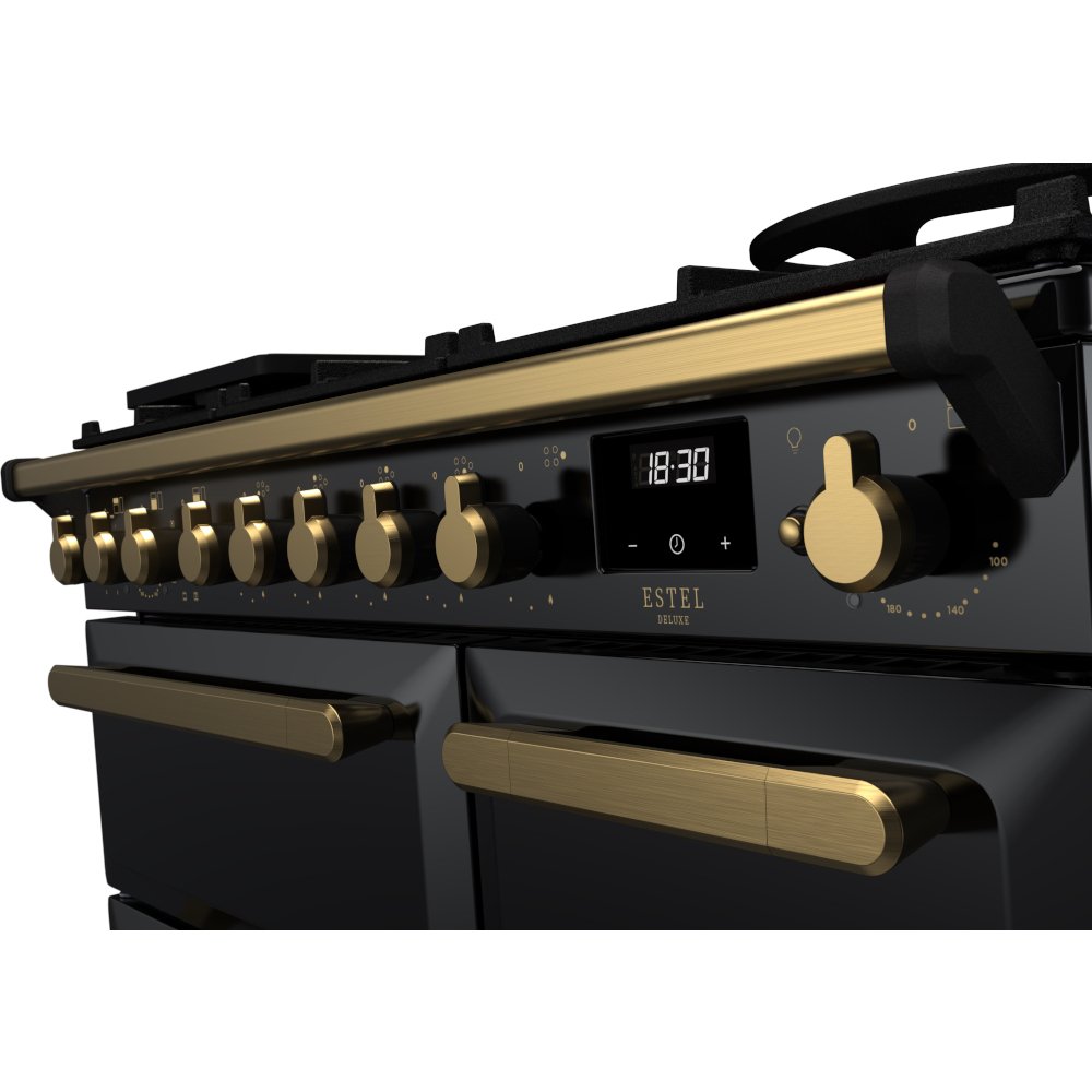 Rangemaster ESDL90DFPGBL/AB1 90cm Dual Fuel Range Cooker Estel Deluxe Black / Antique Brass, A Rated