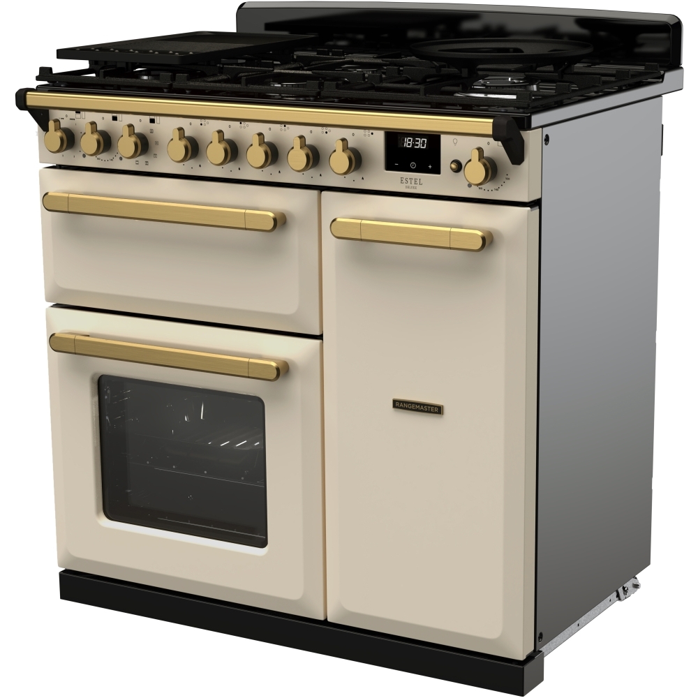 Rangemaster ESDL90DFPPCR/AB1 90cm Dual Fuel Range Cooker Estel Deluxe Pale Cream / Antique Brass, A Rated