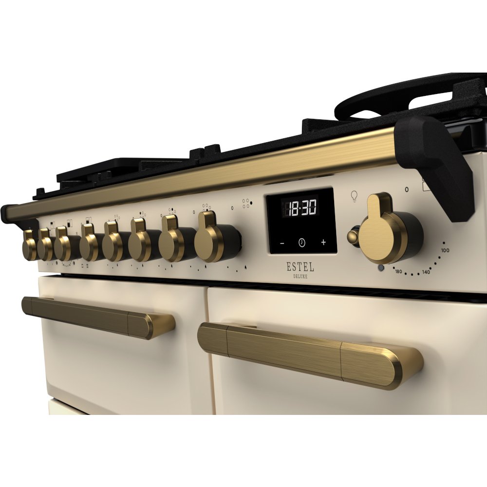 Rangemaster ESDL90DFPPCR/AB1 90cm Dual Fuel Range Cooker Estel Deluxe Pale Cream / Antique Brass, A Rated